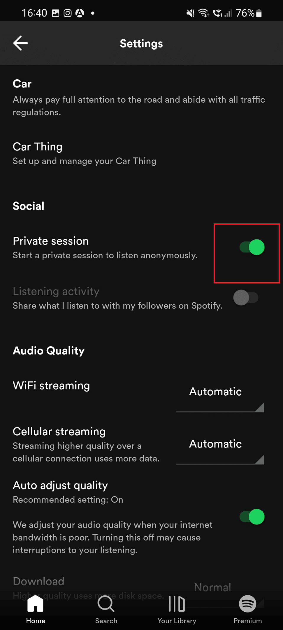 toggle on private seesion mode for spotify on android