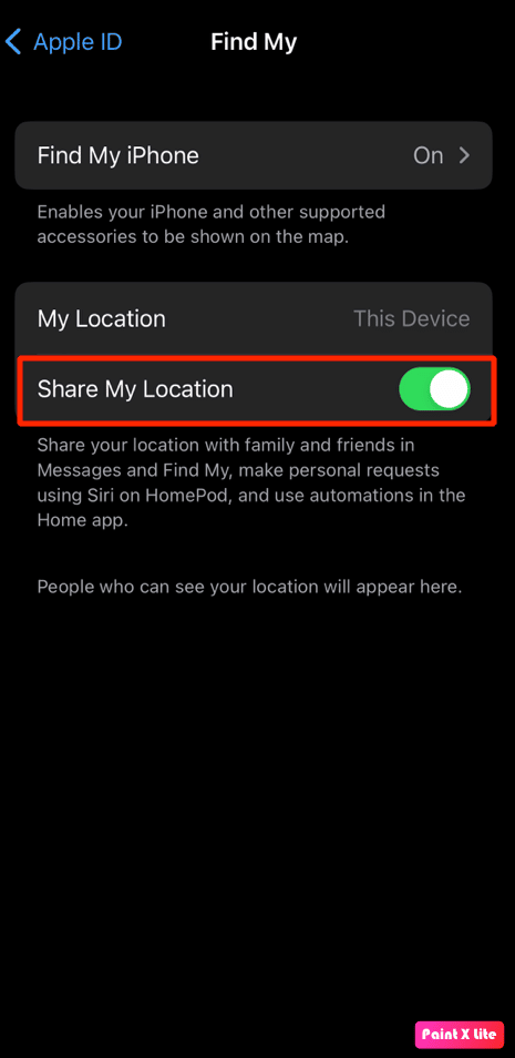 toggle on share my location