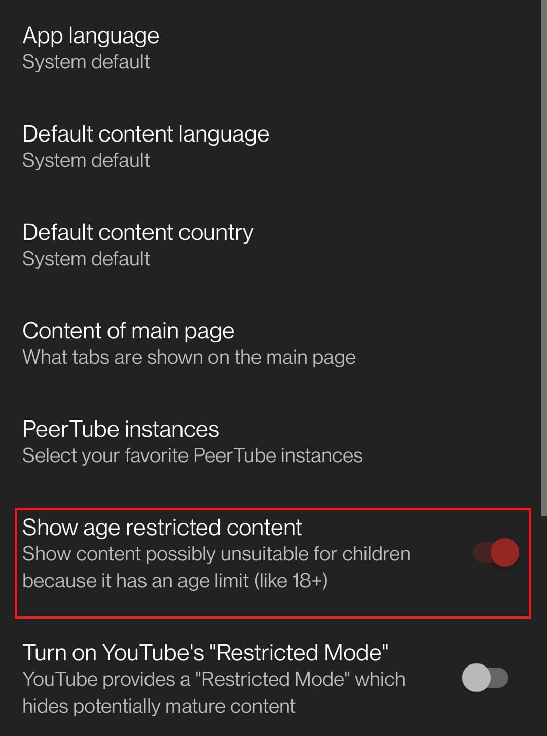 Toggle on the bar next to Show age restricted content.