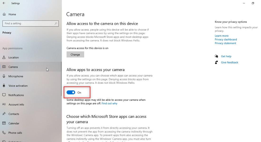 Active la opción Permitir que las aplicaciones accedan a su cámara. Reparar error de entrada de cámara instantánea sin cámara disponible