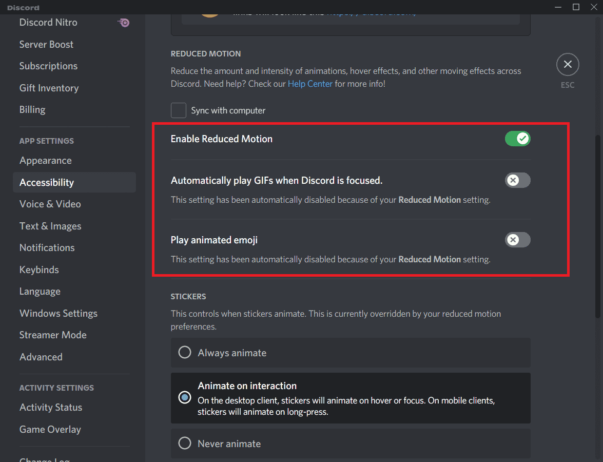 Toggle on the option Enable Reduced Motion. Fix Discord Screen Share Not Working in Windows 10