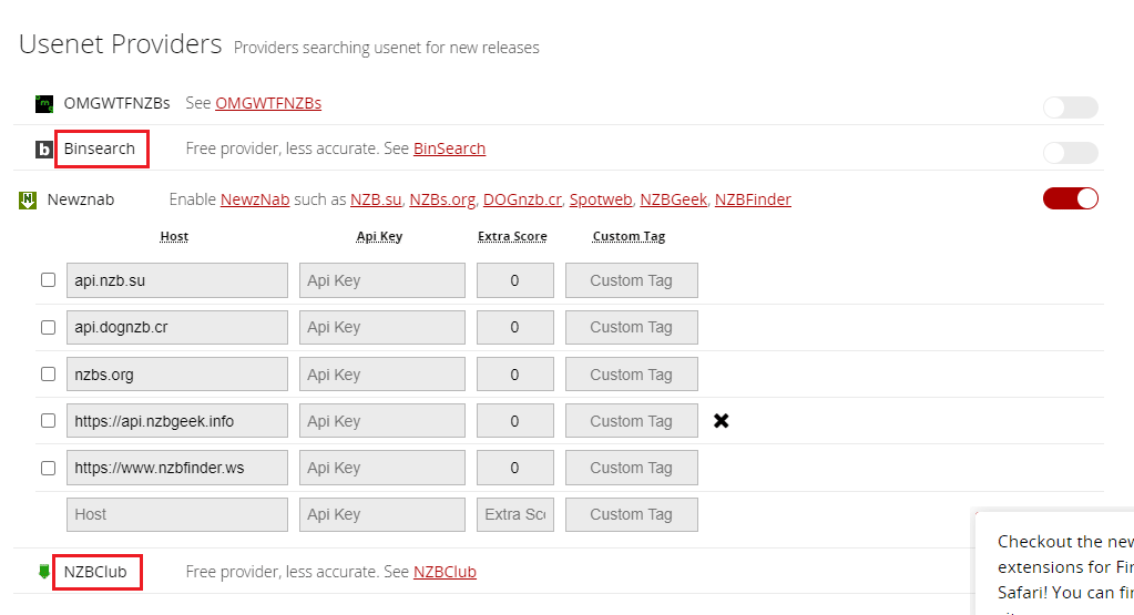 Toggle on the options NZBClub and Binsearch