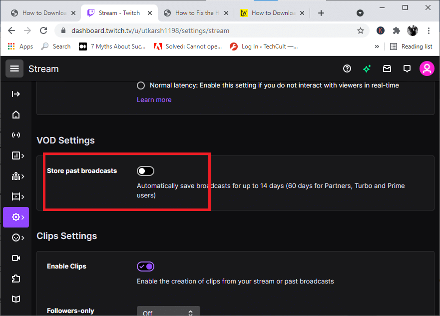 toggle on the Store past broadcasts option located in the VOD settings.