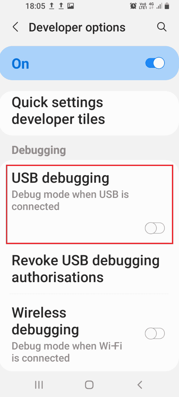 Toggle on the USB debugging option in the Debugging section