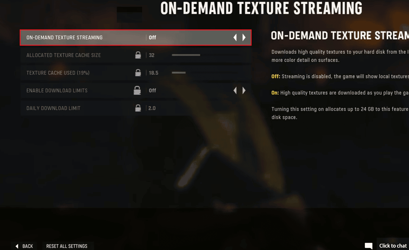 turn off ON Demand texture Streaming in COD Vanguard graphics setting