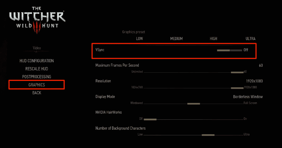 turn off VSync in witcher 3 graphics setting