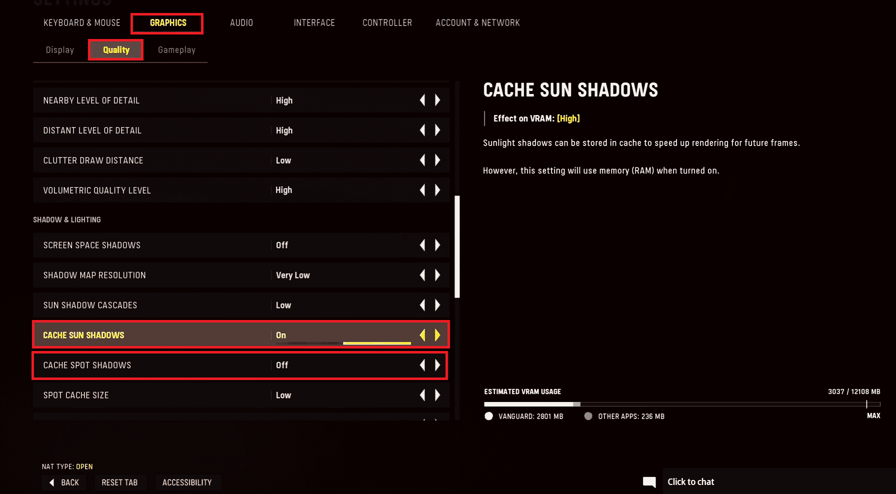 turn off cache spot shadows and cache sun shadows in COD Vanguard game graphics quality setting