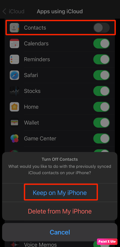 отключите опцию контактов и нажмите «Продолжить» на моем iPhone