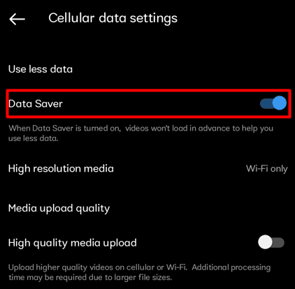 Turn off the toggle for Data Saver