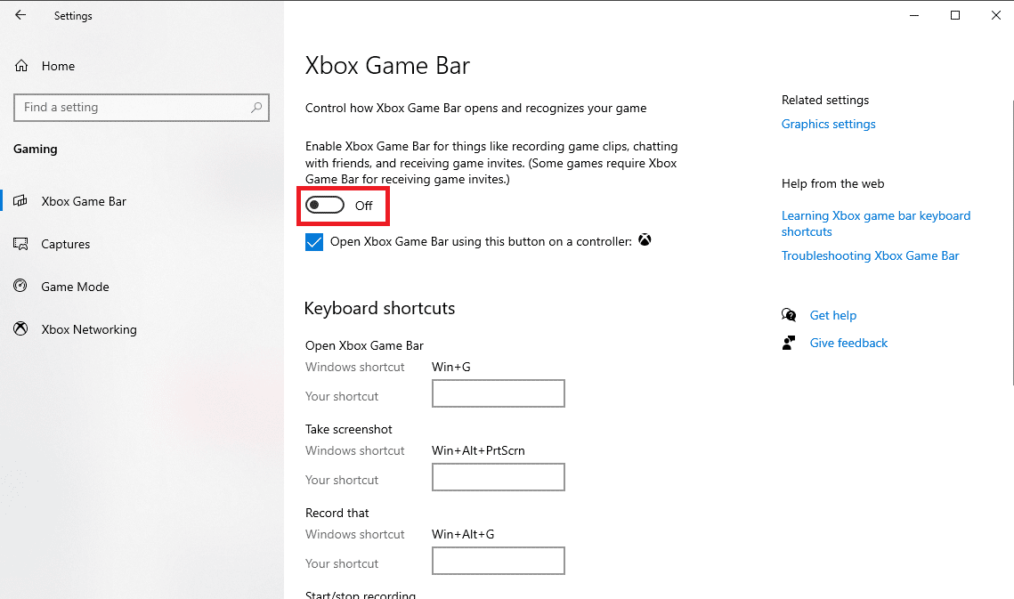 Turn off the toggle for Enable Xbox game bar