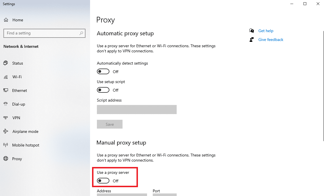 Désactivez le bouton Utiliser un serveur proxy