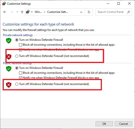 Turn off Windows Defender Firewall for the 3 categories of network i.e Domain, Private and Public, and hit OK.
