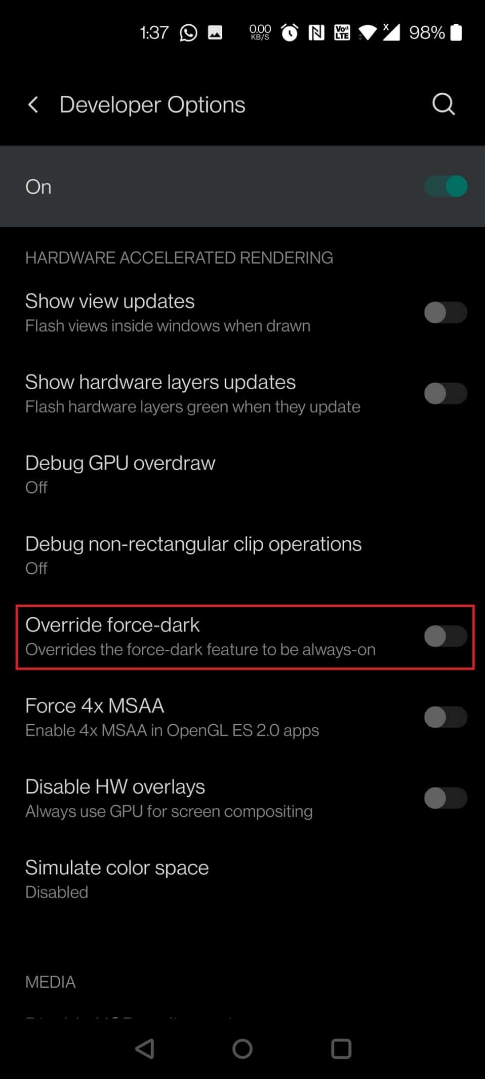 Turn on the toggle for Override force-dark