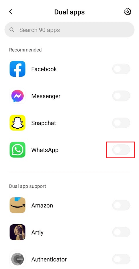 turn on the toggle for the WhatsApp option from the menu list