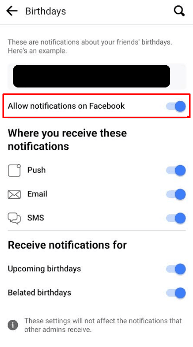 Turn on the toggle for the Allow notifications on Facebook option