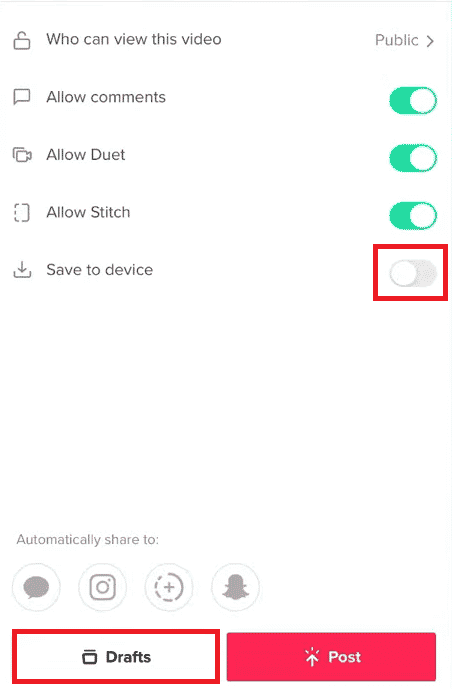 Turn on the toggle for the option Save to device. Then, tap on Draft. 