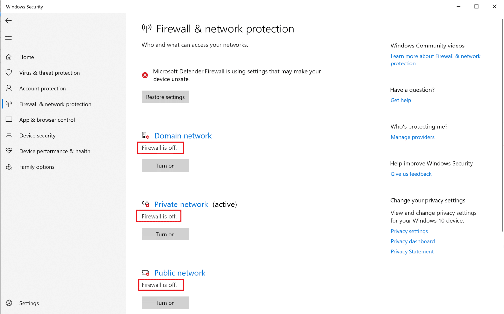 Turn the toggle off for Private network, Public network, and Domain network | Fix Windows 10 Apps Not Working