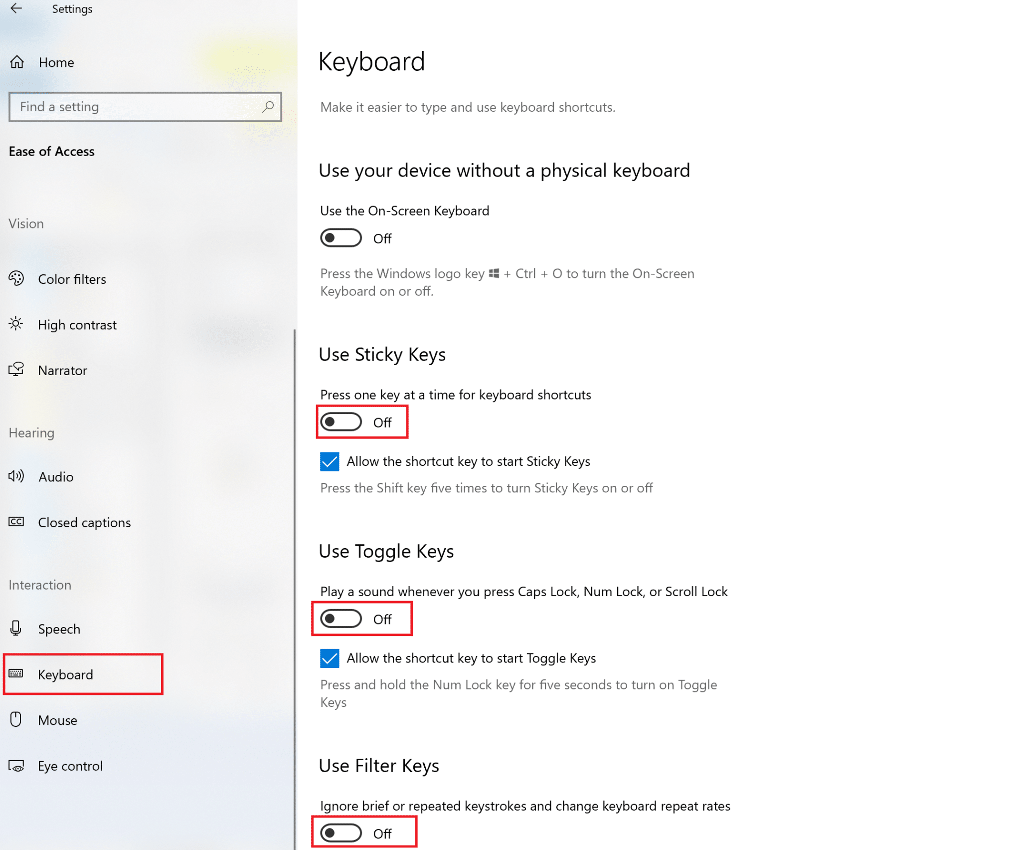 Выключите переключатели «Использовать закреплённые клавиши», «Использовать клавиши переключения» и «Использовать клавиши фильтра» | 18 способов оптимизировать Windows 10 для игр