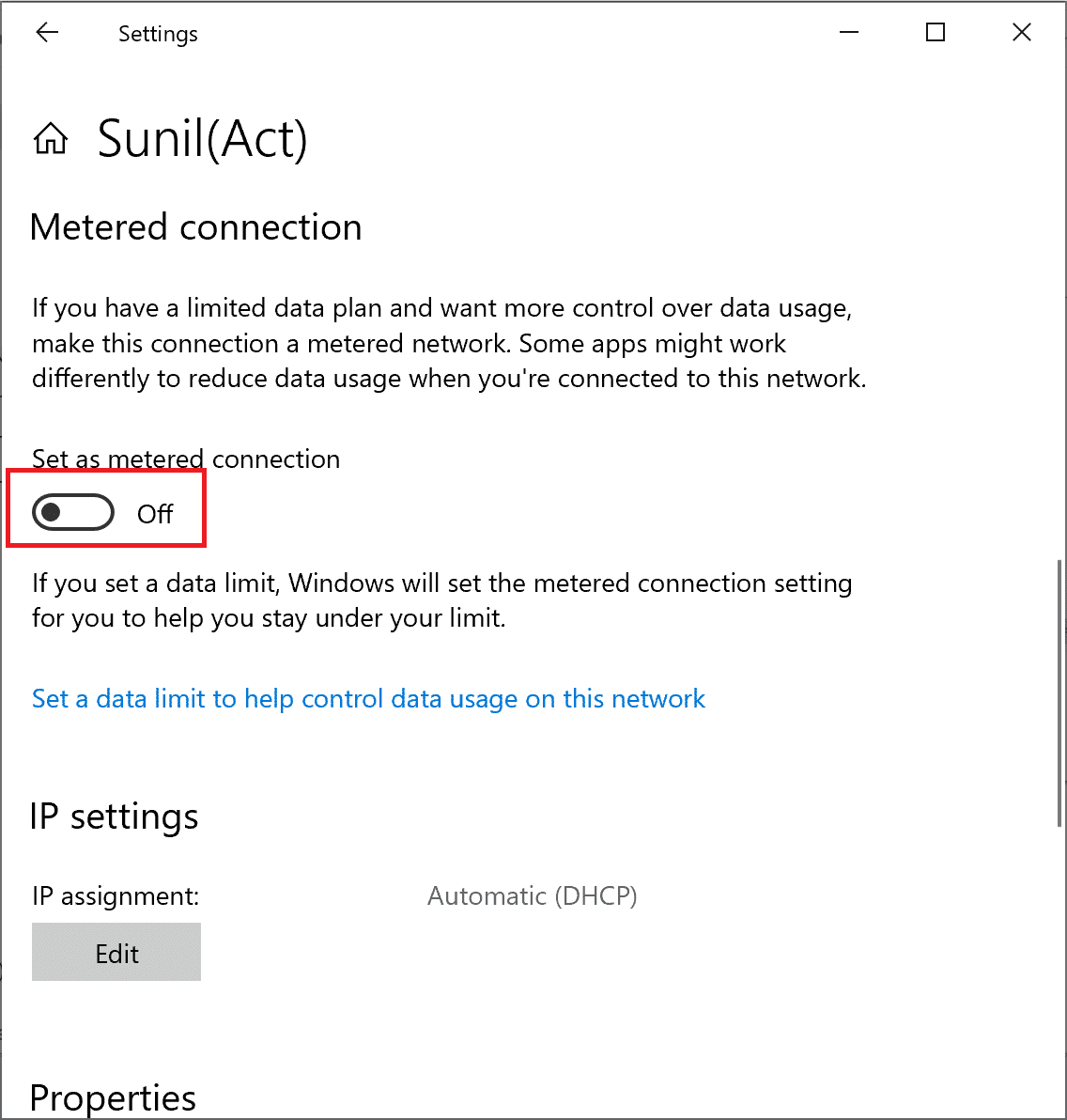 Turn the toggle off next to Set as metered connection | Fix Windows 10 Won't Update