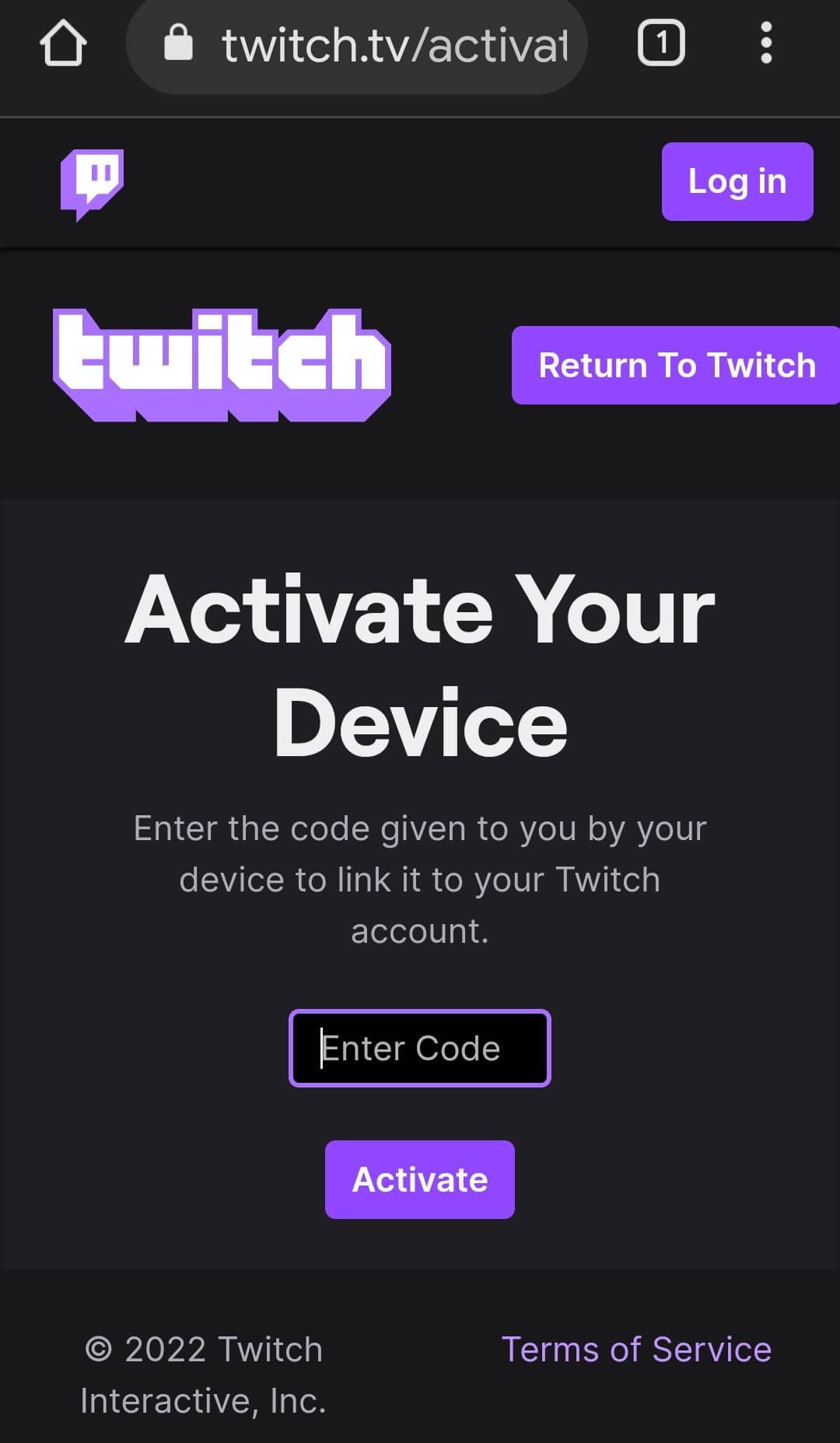 twitch activate page in android chrome browser