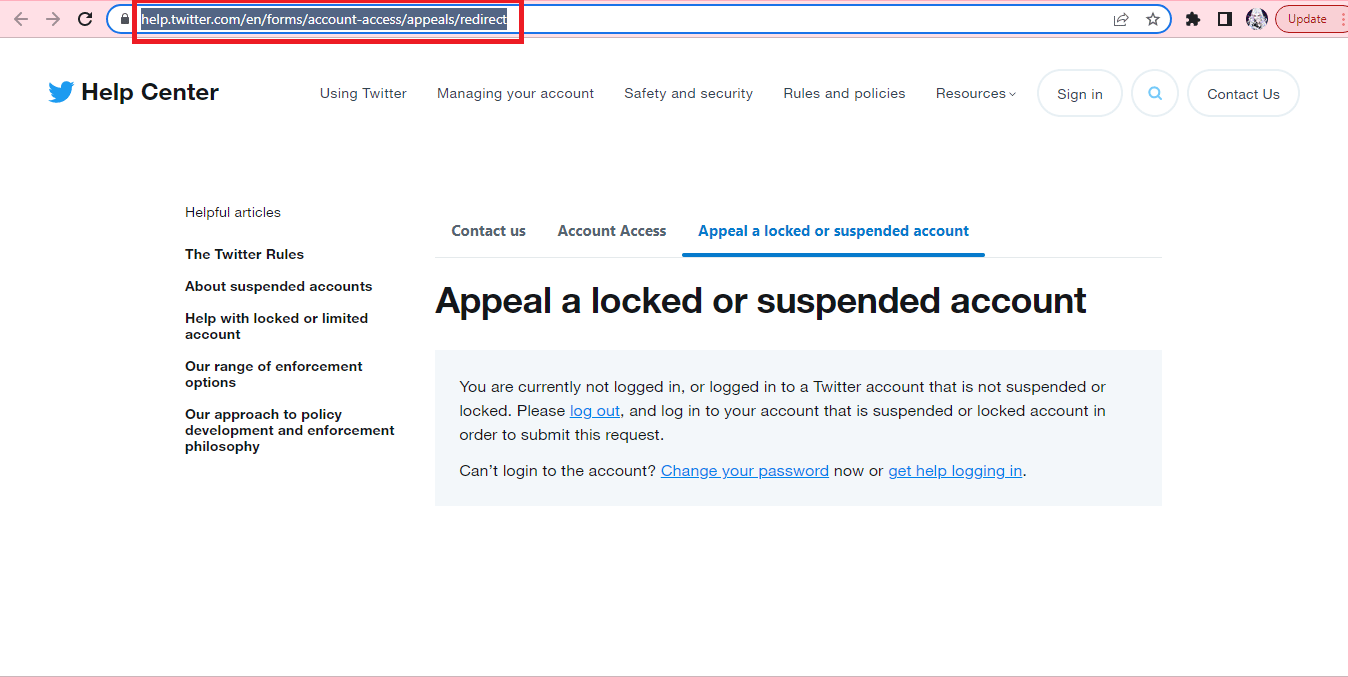 Twitter help center in web browser. How to Delete Suspended Twitter Account