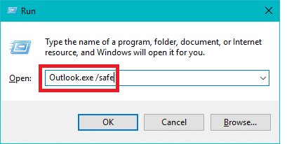 тип: “Outlook.exe /safe” в диалоговия прозорец за изпълнение