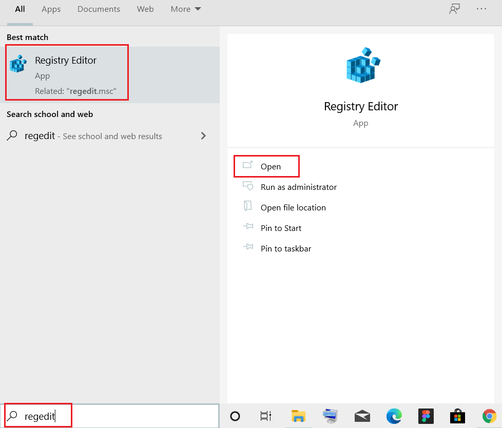 tastați Registry Editor în meniul de căutare Windows și faceți clic pe Deschidere.