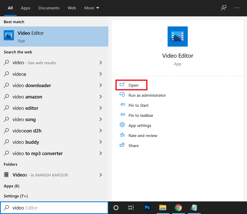 digite Video Editor e pressione Enter para abrir o aplicativo | Como remover o áudio do vídeo no Windows 10?