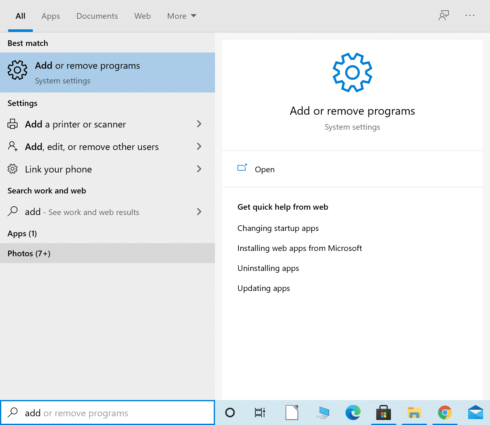 Type Add or remove programs in the Windows search bar