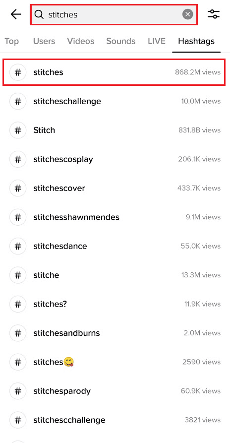 type and search the term stitches from the search bar and tap on the first result | How to See Stitches on TikTok