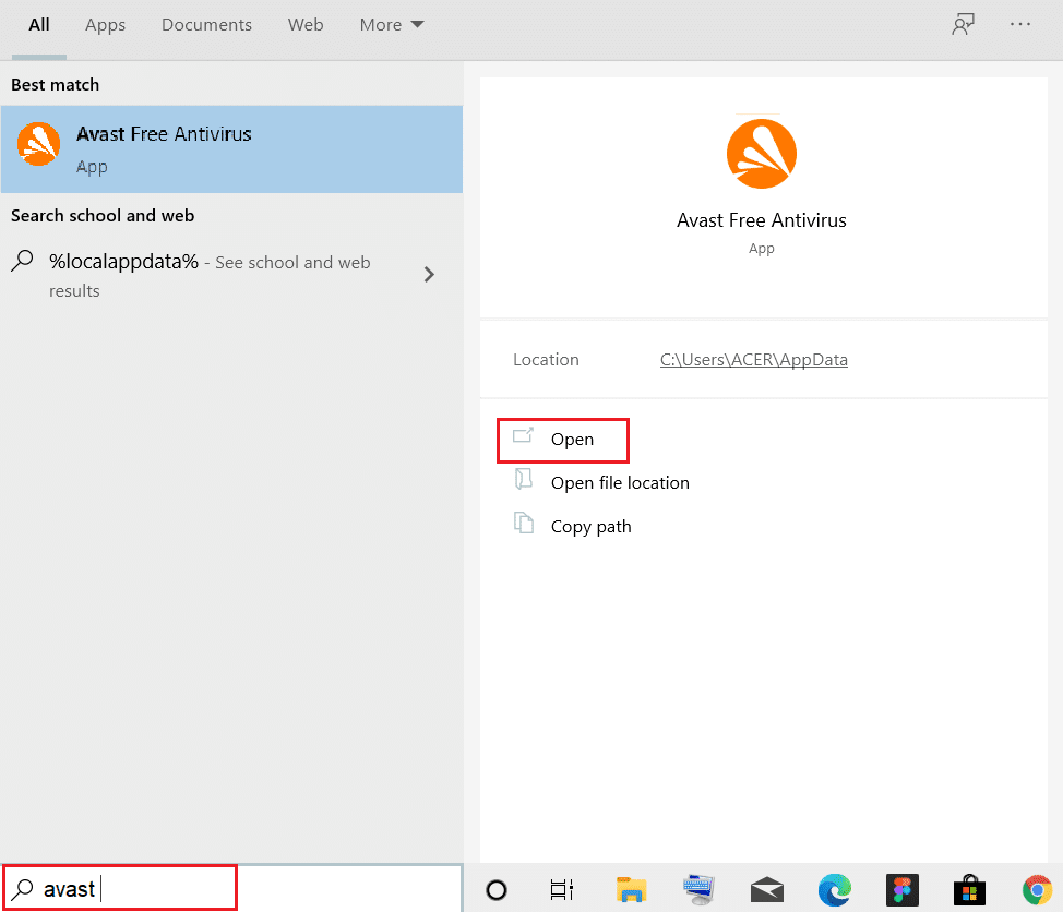 type avast and click open in windows search bar.