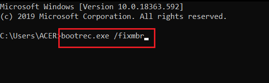 type bootrec fixmbr command in cmd or command prompt