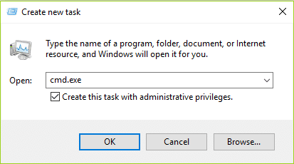type cmd.exe in create new task and then click OK | Fix Start Menu Not Working in Windows 10
