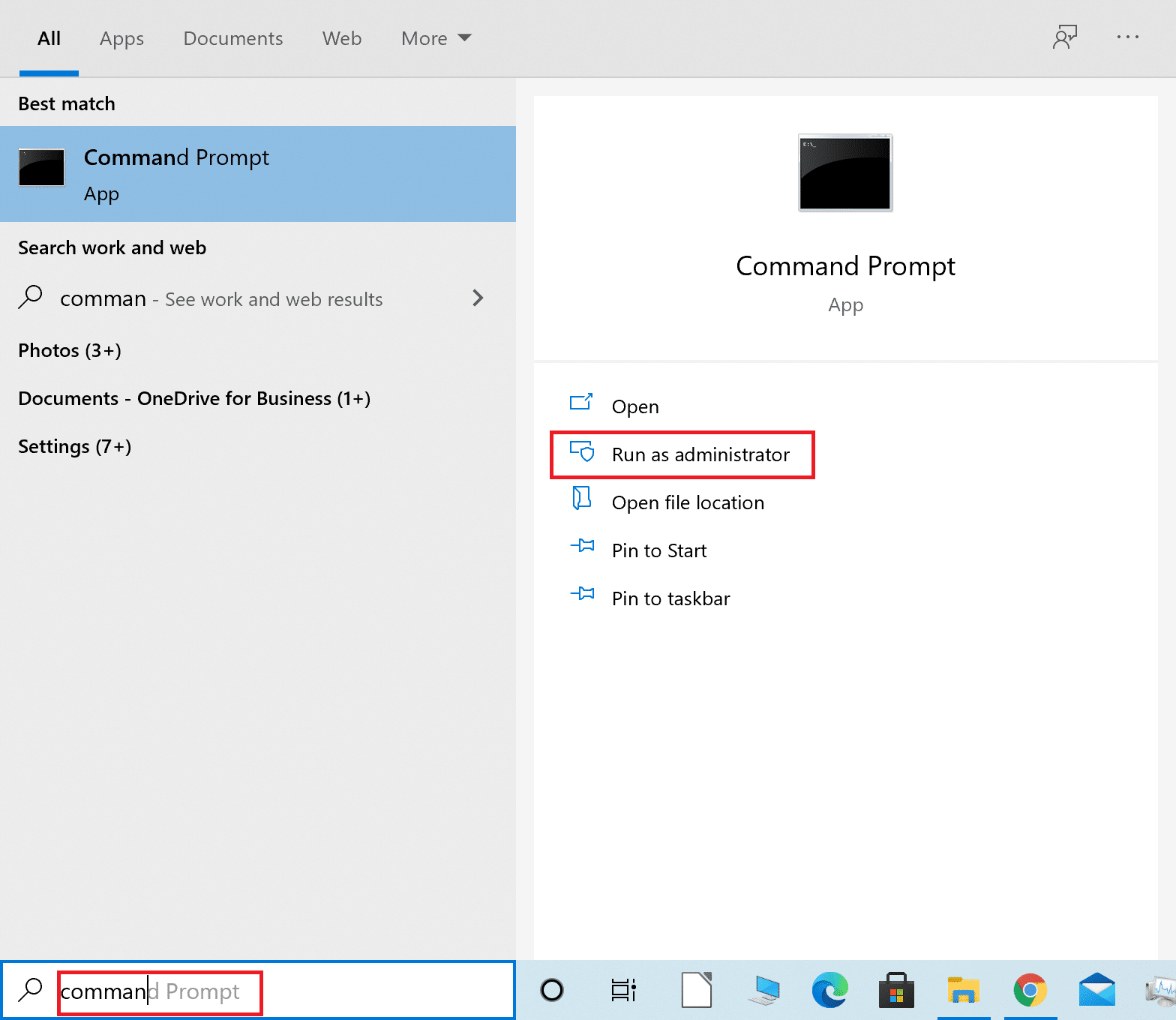 Type Command prompt in the Windows search bar and Run as administrator | Fix Windows 10 Apps Not Working