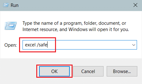 введите команду, чтобы открыть Excel в безопасном режиме в диалоговом окне «Выполнить», и нажмите «ОК». Исправить Microsoft Office, который не открывается в Windows 10