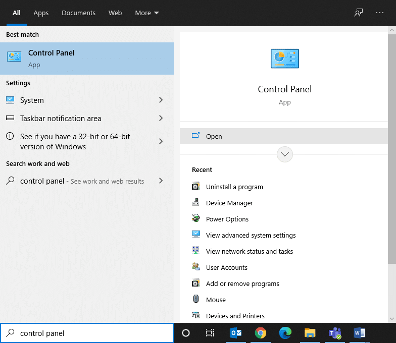 Type Control Panel in the search box of Windows 10 and choose the best matched one.