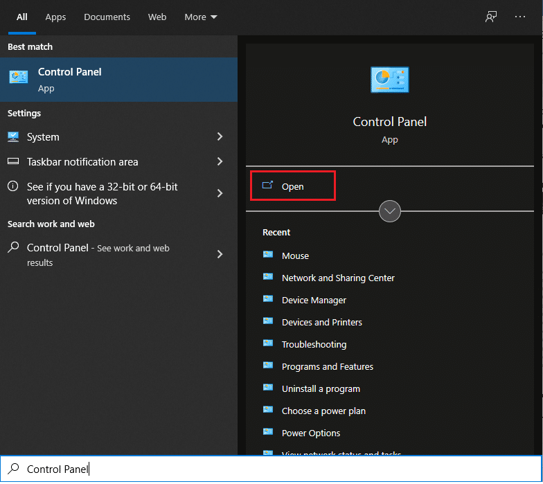 Type Control Panel in the Start menu and click Open on the right pane.