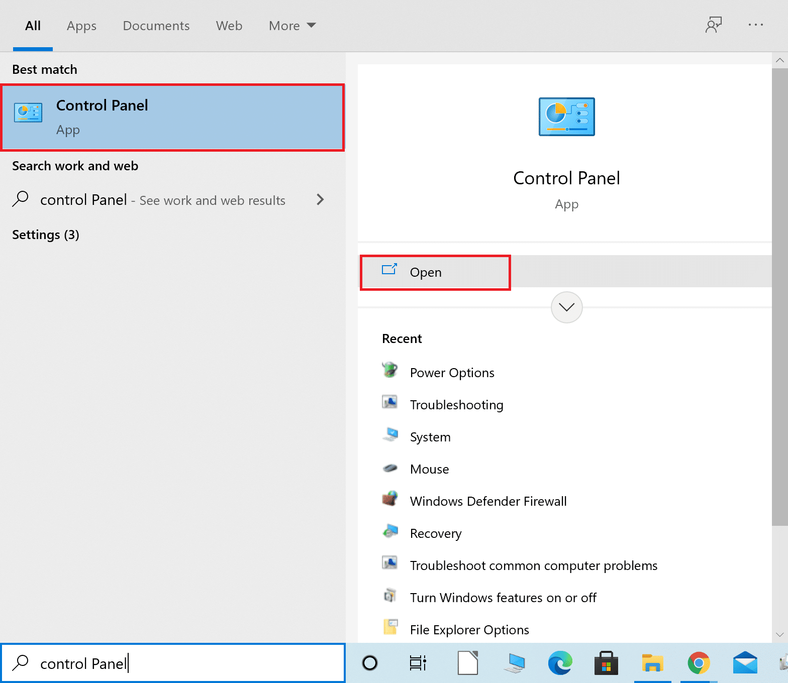 在 Windows 搜索栏中输入“控制面板”