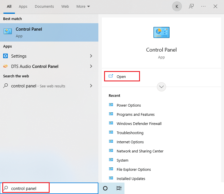 Введіть Панель керування на панелі пошуку Windows і виберіть Відкрити