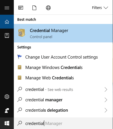 Type credential then click on Credential Manager from the search result