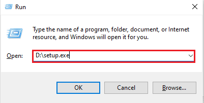 Type D setup.exe in Run dialog box. Fix VMware Tools Upgrade Error Code 21001 in Windows 10