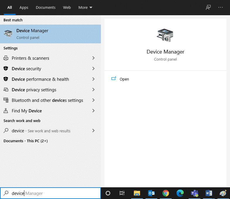 Tapez Gestionnaire de périphériques dans le menu de recherche de Windows 10.