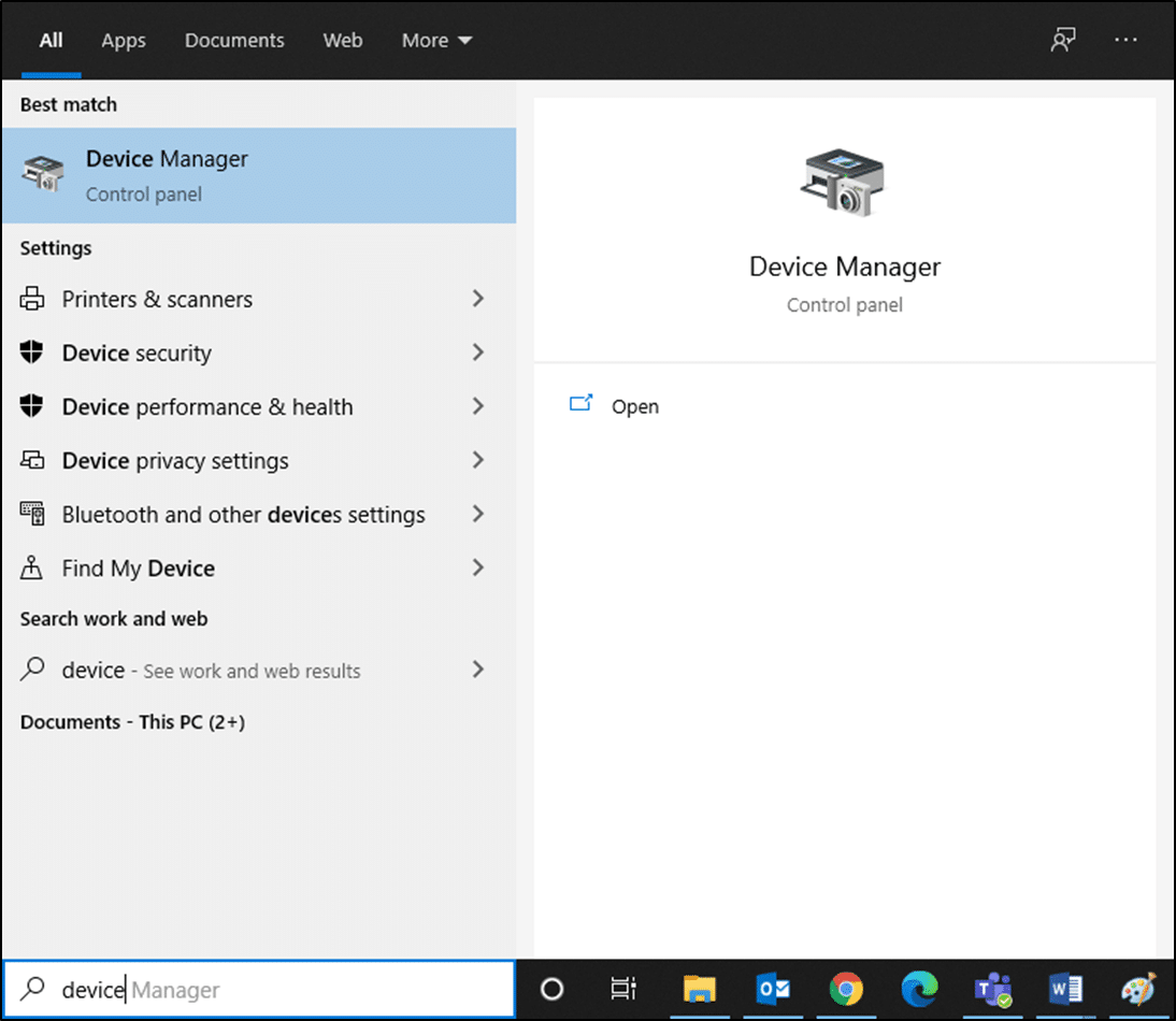 Digite Gerenciador de Dispositivos no menu de pesquisa do Windows 10.
