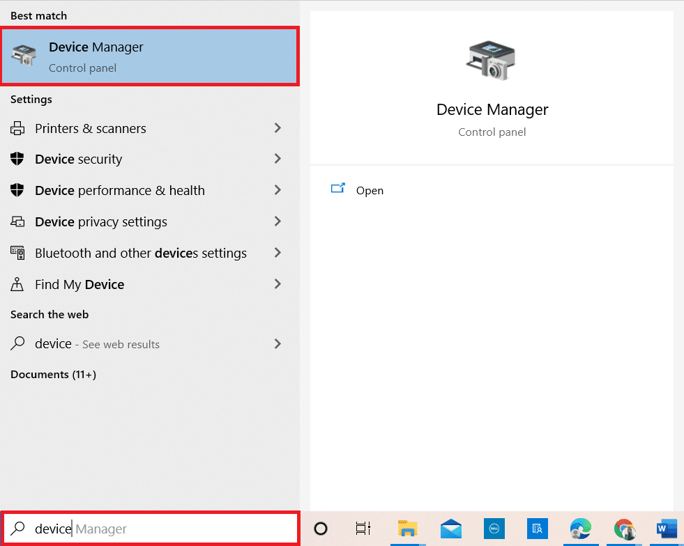 在 Windows 10 搜索菜单中键入设备管理器并将其打开