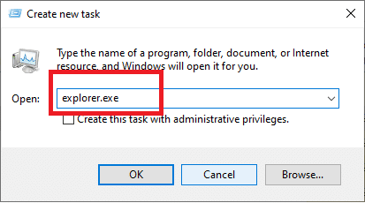 . Type explorer.exe into the New Task Window and click OK.