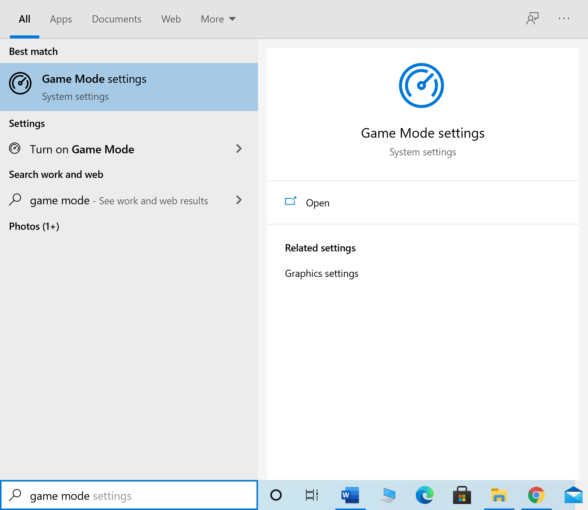 Type Game mode settings into Windows search and launch it from the search result. Fix Windows Key Disabled