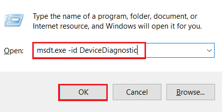 введите команду msdt.exe id DeviceDiagnostic в поле «Выполнить команду» и выберите «ОК».
