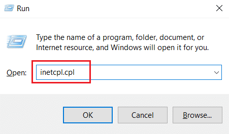 Type inetcpl.cpl and hit Enter. Fix Unhandled Exception Has Occurred in Your Application on Windows 10