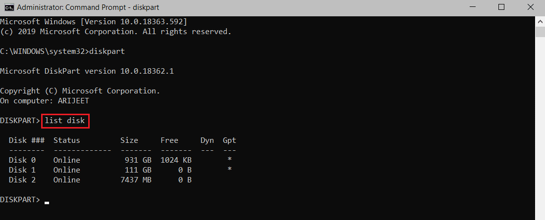 type list disk command in cmd or command prompt. How to Fix Hard Drive Not Showing Up Windows 10