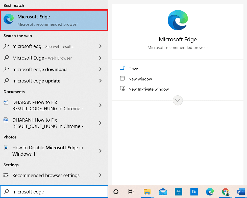 Escriba Microsoft Edge en la barra de búsqueda de Windows y ábralo | RESULT_CODE_HUNG